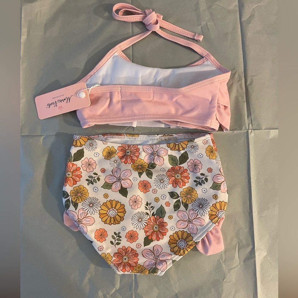 NEW! Pink Ruffle Two-Piece Floral Girls Swimsuit - Picture 4 of 4